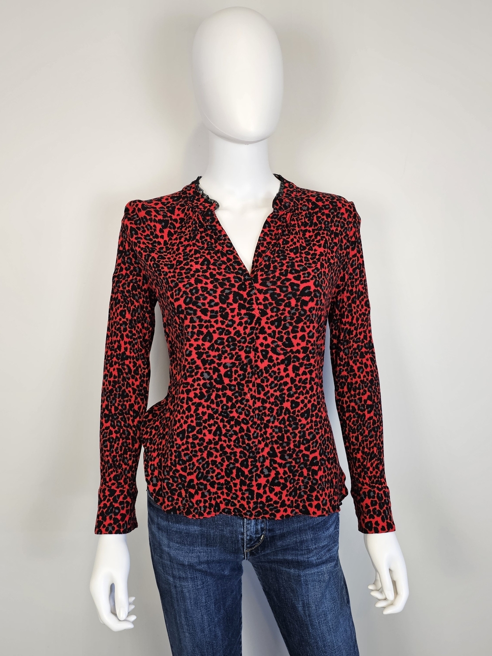 Zadig & Voltaire Red & Black Leopard Prink Lace Neckline Blouse Sz XS